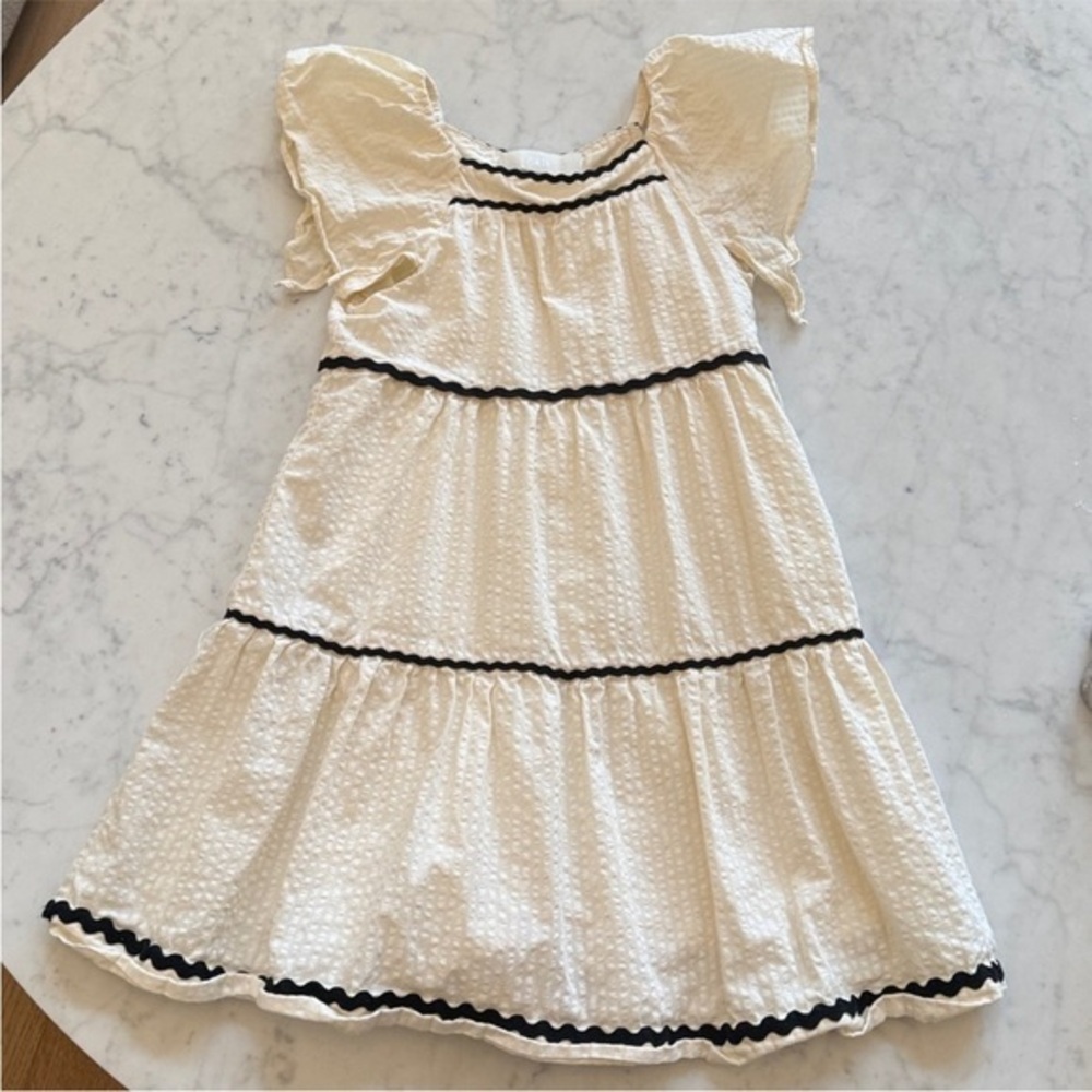 Zara Girls Cream Tiered Ruffle Dress Size 8 Black Trim Sundress